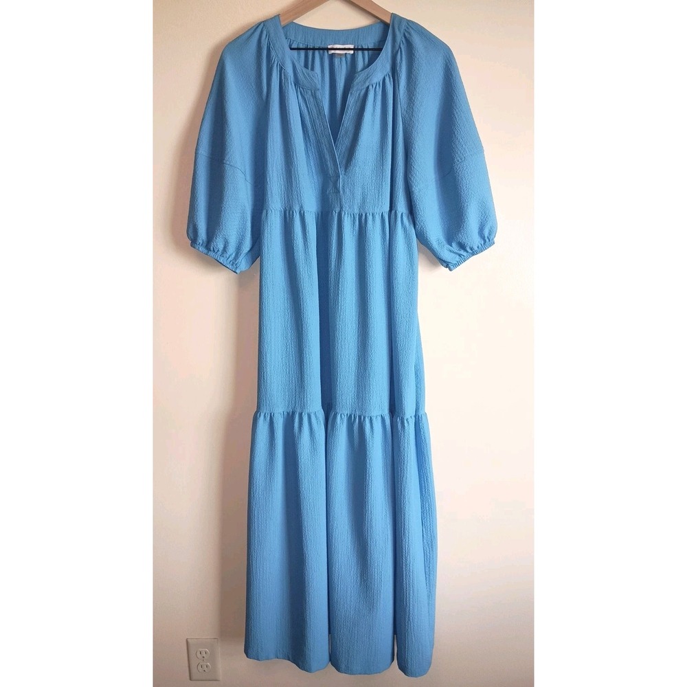 Calvin Klein Blue Textured Midi-Maxi Dress Size 8 Puff Sleeve Tiered Tie Back
